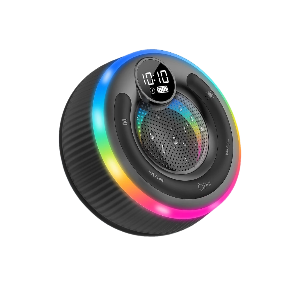 Bluetooth Speaker, Shower Speaker Stereo Sound, IPX7 Waterproof Speakers, Digital Display Portable Speaker with Suction Cup, LED Light, Small Wireless Speakers for Outdoor Party Beach Bathroom, Black