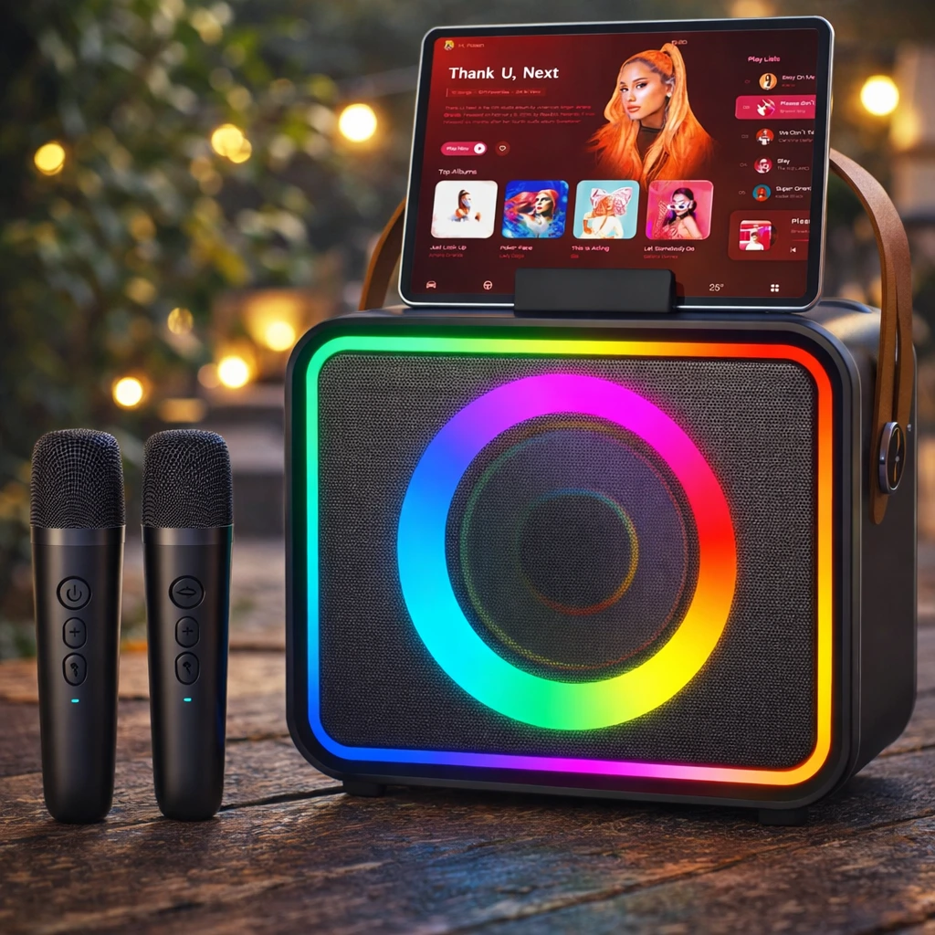 Karaoke Machine,Portable Bluetooth Speaker with 2 Wireless Microphone for Adults & Kids with LED Lights, Karaoke Microphone with PA System Supports USB/TF/AUX,Gift for Party (Black)